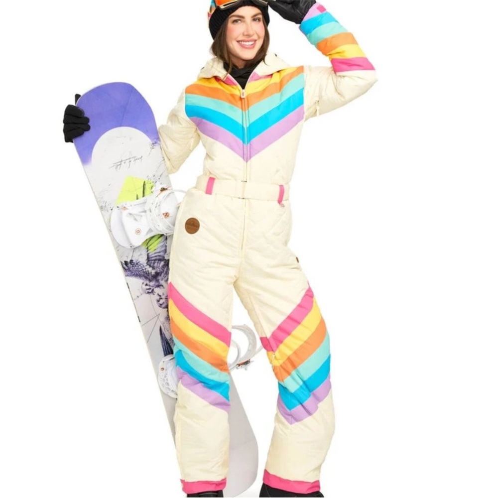 NWT Tipsy Elves Retro Rainbow Stripe Snow Suit in Cream with Matching Goggles!!!